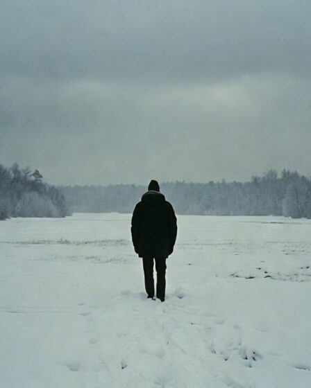 A lone man in the winter landscape of Sweden, standing in the Snow