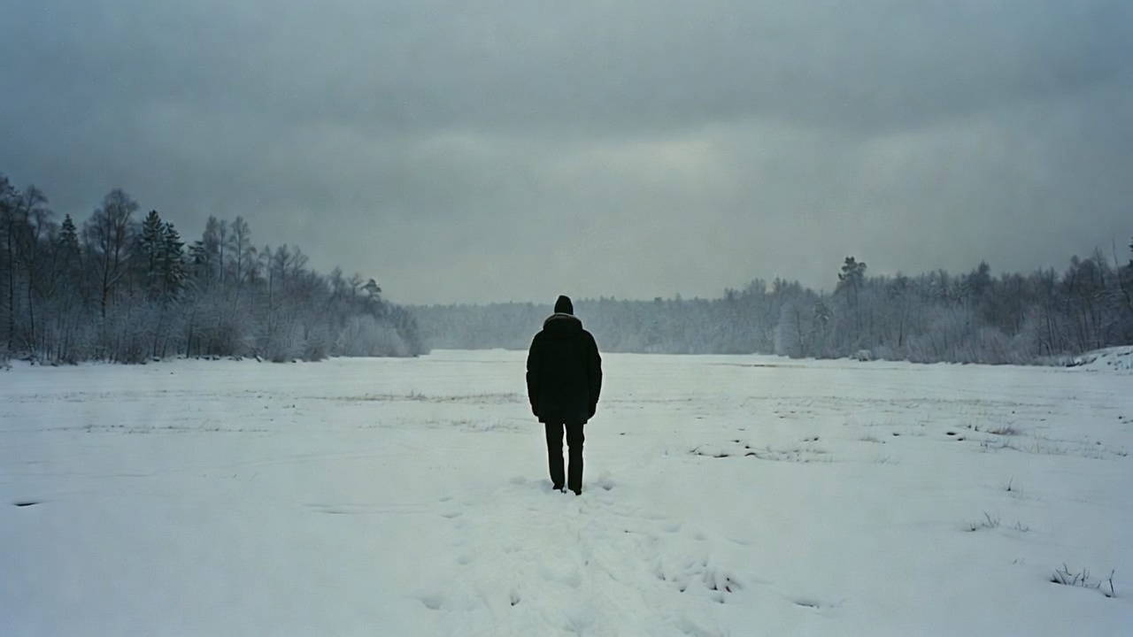 A lone man in the winter landscape of Sweden, standing in the Snow