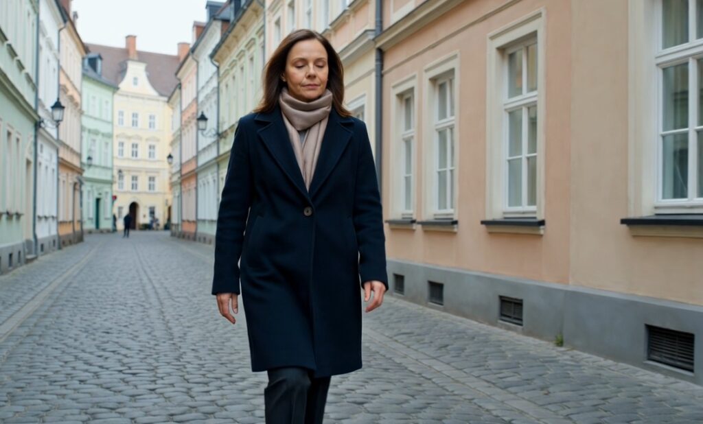 A woman, walking alone through Stockholm