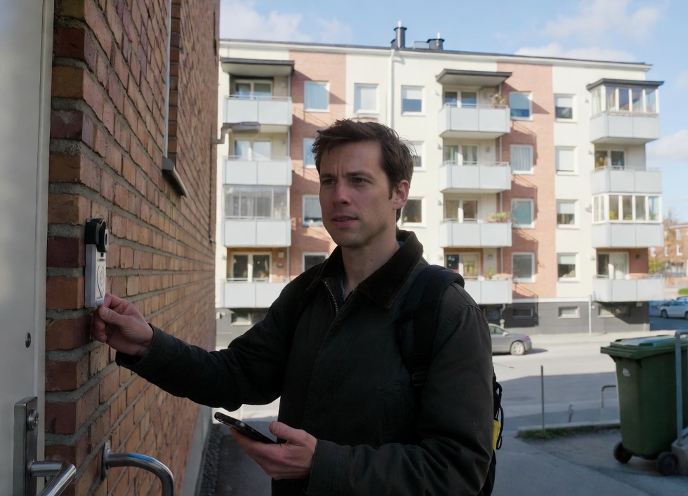 A man in Stockholm, ringing a door bell