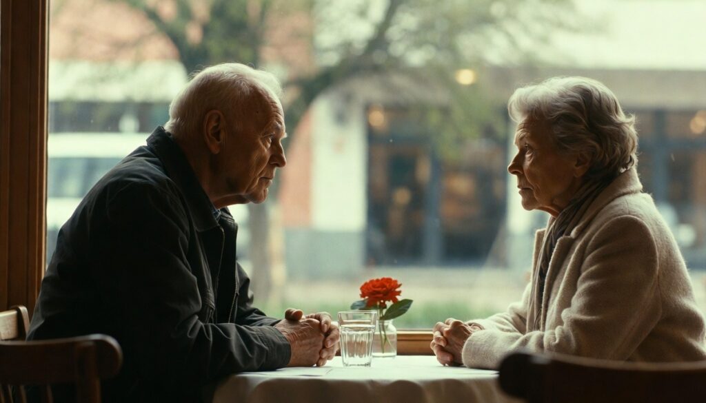 An elderly couple sitting at a cafe in Sweden, in silence