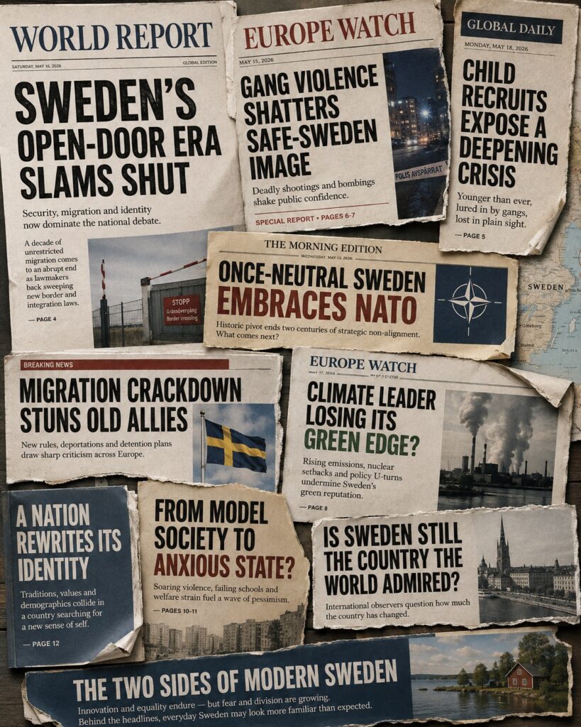Collage of torn English-language newspaper clippings portraying Sweden as a country in crisis and transition. Large headlines refer to stricter migration policies, gang violence, child recruitment, Nato membership, declining climate leadership and a changing national identity. The design uses worn paper, dark typography, muted blue and red accents, and small images of borders, police scenes, industry, the Swedish flag, Stockholm and a red lakeside cottage.